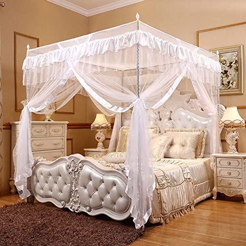 4Corners Post Canopy Bed Curtain Mosquito Mesh Net, 360° All-inslusive Princess Mosquito Nets Thicken Foldable Breathable Bed Canopy for Girls,White,1.35 * 2.0m