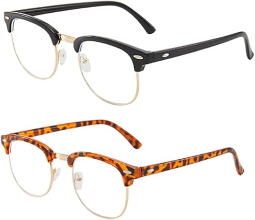 Lentes transparentes retro de medio marco sin montura con bloqueo azul para hombres y mujeres, paquete de 2 Lentes transparentes retro de medio marco sin montura con bloqueo azul para hombres y mujeres, paquete de 2