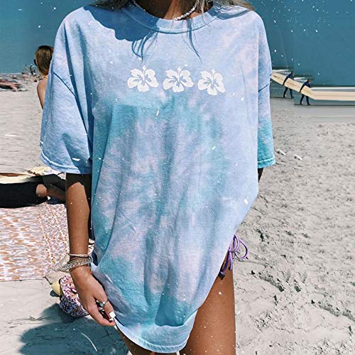 Hiko23 Womens Floral Print Tie Dye Shirts Summer Short Sleeve Graphic Tee Oversized Tops For Teen Girls Junior Light Blue Large #TOP1