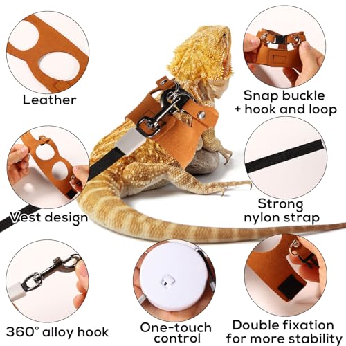 Image of Gosknor Bearded Dragon Harness and Leash Set, 3 Sizes Super Leather Vest with Retractable Rope, Brown