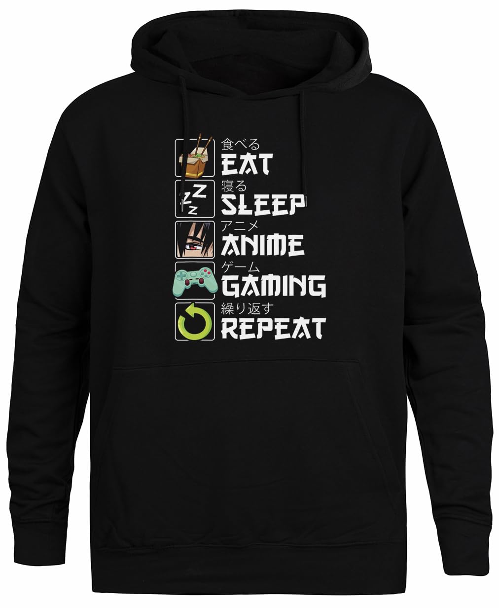 Generico Eat Sleep Anime Gaming Felpa con Cappuccio Unisex con Cappuccio Nero
