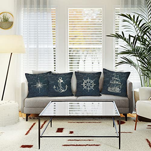 Liosei Yueshare Navy Blue Coastal Nautical Anchor Ship Wheel Compass Linen Throw Pillow Covers 18 X 18 Inch Set Of 4, Nautical Gifts For Home Room Bed Sofa Ship Decorations Decor #TOP1