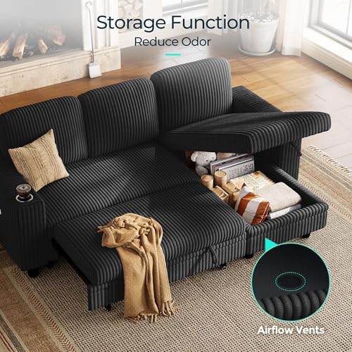 Image of LINSY HOME Sectional Couches for Living Room, 81 inch L Shape 3 Seats, Black | Sleeper sofa with pull out couch bed, corduroy couch with storage