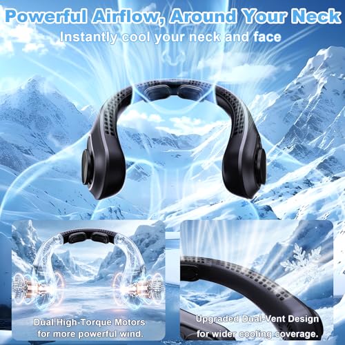 FYALLASO Portable Neck Fan Rechargeable - [with LED Display] 5 Speeds, 5000 mAh Battery Operated Wearable Personal Cooling Bladeless Fan for Outdoor Travel, Gifts for Men Women Kids,Black — view 3