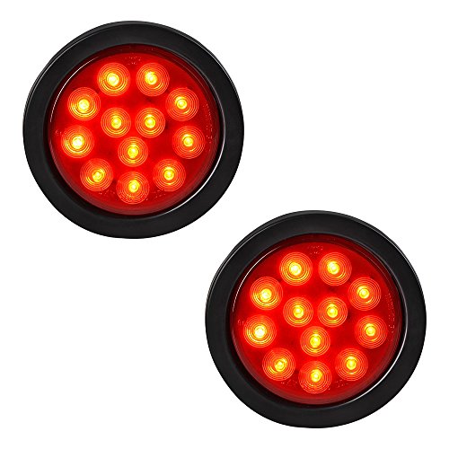 Anzio 4'' Round 12-LED Truck Trailer Brake Stop Tail Light Sealed Grommet Plug Compatible with RV Boat Red 12V (Pack of 2)