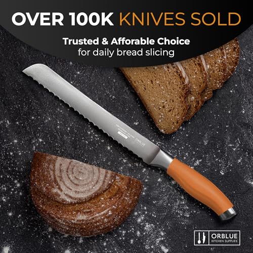 Orblue Serrated Bread Knife with Upgraded Stainless Steel Razor Sharp Wavy Edge Width - Bread Cutter Ideal for Slicing Homemade Bread, Bagels, Cake (8-Inch Blade with 5-Inch Handle) Orange by Orblue - Image 4