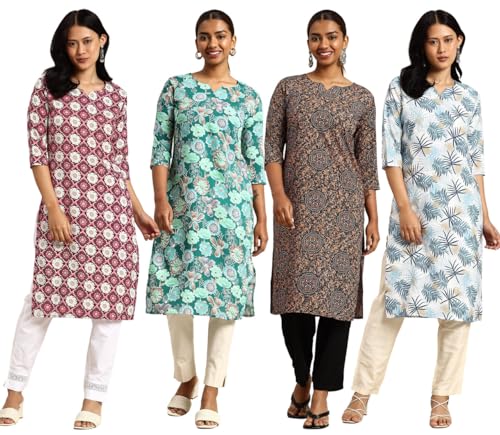 Image of JAKHANA Women's Crepe Printed Casual Straight Calf Length Round Nick Kurta Pack of 4