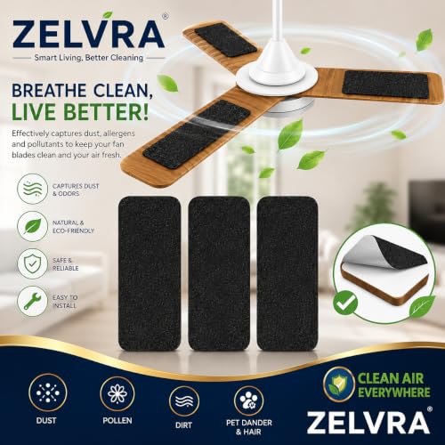 Image of Ceiling Fan Filters for Blades, Activated Coconut Shell Carbon Air Purifier Pads, Unscented Dust, Smoke, Odor & Allergen Capture, Self-Adhesive Air Filters for Household Ceiling Fans, Black