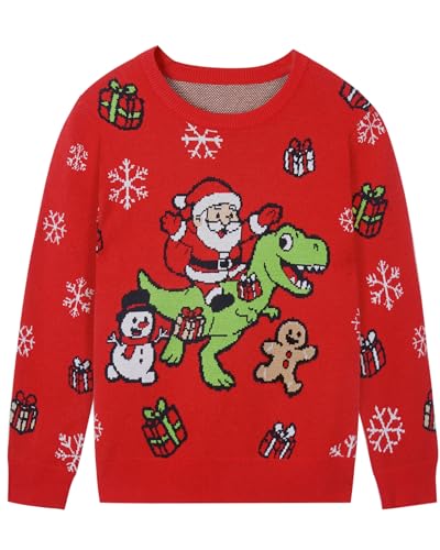 Twekfish Boy's Novelty Ugly Christmas Sweater, Youth Kids Funny Santa Dinosaur Dino Xmas Sweaters, Long Sleeve Warm Winter Pullover