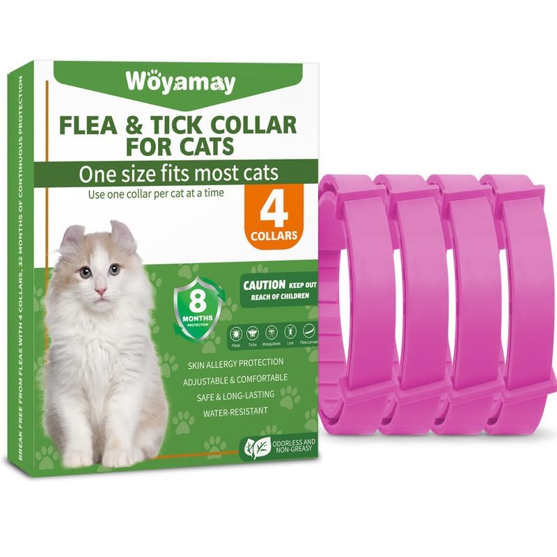 Woyamay Collar Antiparasitario Gatos, 4 Piezas Collar Antipulgas y Garrapatas Gatos Impermeable e Ajustable Collar Antipulgas Gatos, 8 Meses de Protección Collar Gato contra Pulgas y Piojos, Rosa
