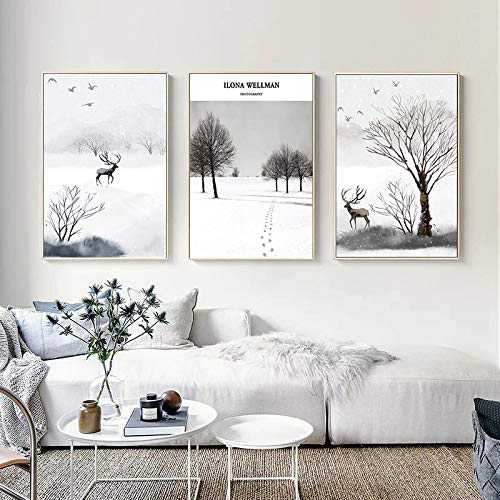 Toile cerf paysage nordique noir et blanc triptyque salon 60x90cm