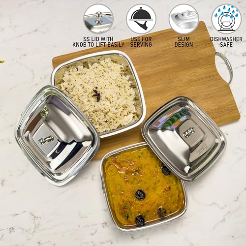 Image of Sumeet Stainless Steel Square Serving Bowl /Curry Bowl /Gravy Pot with lid, 900ml & 1250ml capacity, 17cm & 18.8cm Dia, Set of 2 Pcs, Silver