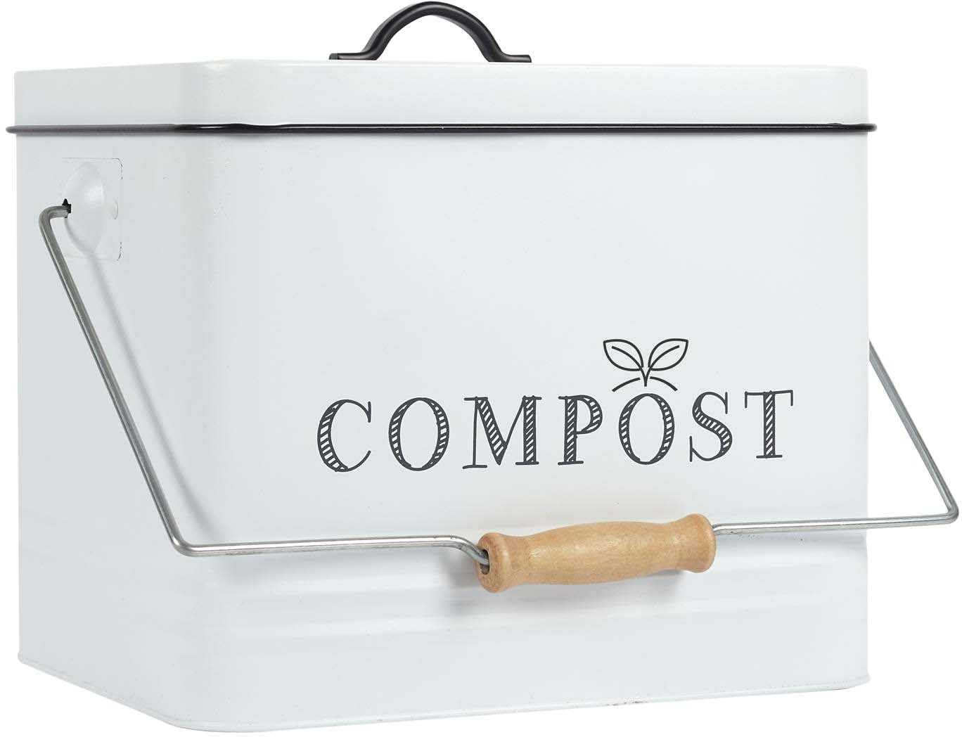 ME0026 Poubelle à Compost Métal - Capacité 10L - Look Vintage - Couvercle avec Filtre - Poignée de Transport Pratique - Couleur Métal Peint