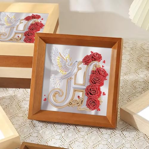 Image of AiYuanzsh 5D Diamond Art Kits for Adults Letter H, Harmonious Rose & Dove Floral Crystal Rhinestones Diamond Painting Kit, DIY Monogram Diamond Art for Beginners Craft Wall Display 17x17cm