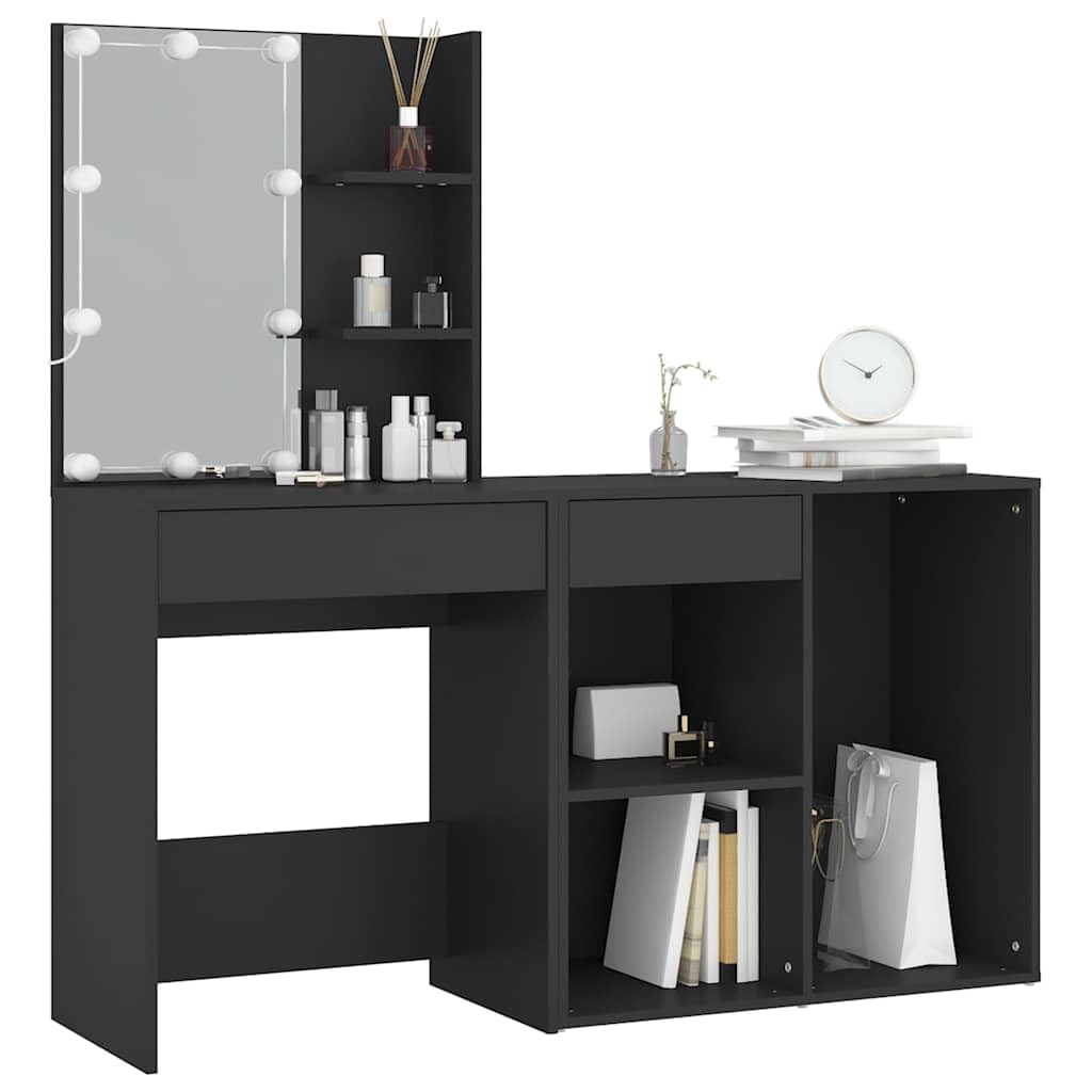 LED-Schminktisch mit Schrank Schwarz Holzwerkstoff, 60x40x140 cm, mit LED-Beleuchtung, Spiegel, Schublade, Stauraum und USB, für Schlafzimmer, Ankleidezimmer, modernes Makeup Styling