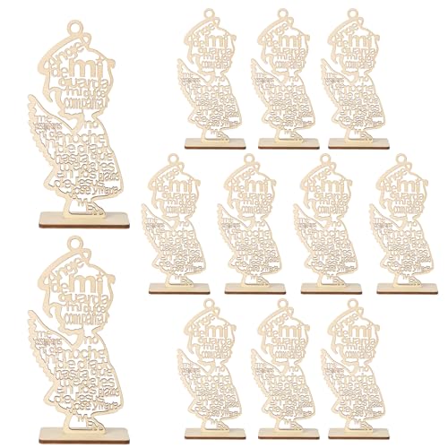 BigPig 12 Pcs Wooden Angel Figurines & Stands, Baptism & Wedding Decorations, Natural Wood Color
