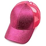 C.C Hatsandscarf Ponytail caps Messy Buns Trucker Plain Baseball Cap (BT-6) (Glitter-Hot Pink)