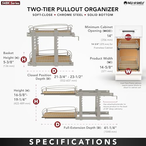 Image of Rev-A-Shelf 2 Tier Pull Out Kitchen Cabinet Storage Organizer with Solid Bottom & Undermount Soft-Close Full Extension Slides, Min Opening Width of 14 inch, 54BK-15SC-2-1