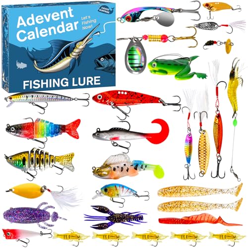 Calendrier de l'Avent 2026 Ensemble de leurres de pêche – 24 Jours de Compte à rebours de Noël avec des Accessoires de pêche Uniques – Cadeau de...