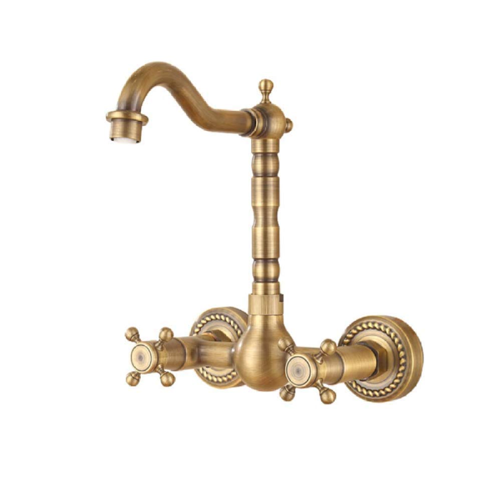 GLJTUO Bathroom Wall Hanging Antique Brass Faucet, Double Handle Single Hole hot and Cold Water Mixing Basin Bathroom Bathtub Faucet Bathroom Bathroom Basin Faucet