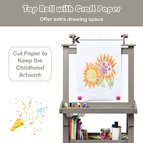 Image of GLACER All-in-One Double Sided Painting Easel for Kids with 2 Storage Bins, Paper Roll, Magnetic Whiteboard & Chalkboard, Gift for Boys & Girls (Grey)