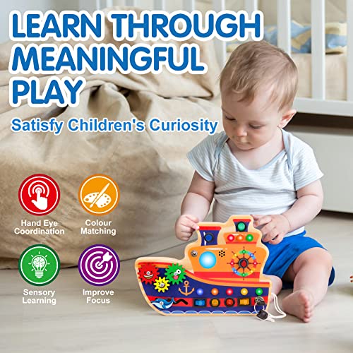 Richboy Montessori Busy Board For Toddlers - Wooden Autism Sensory Toys Toddler Travel Activity Board With 9 Led Light And Analog Ship Sound Switches For 1+ Year Old Develops Fine Motor Skills #TOP2