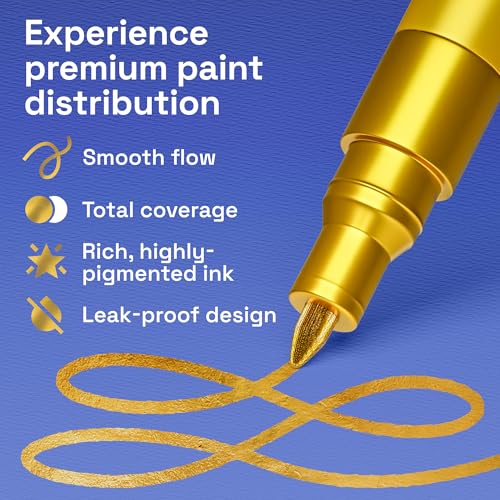 Image of ARTISTRO 5 Gold Paint Pen for Rock, Glass, Ceramic, Wood, Tire, Fabric, Metal, Canvas, Marking, Painting - Set of 5 Acrylic Paint Markers Water-based