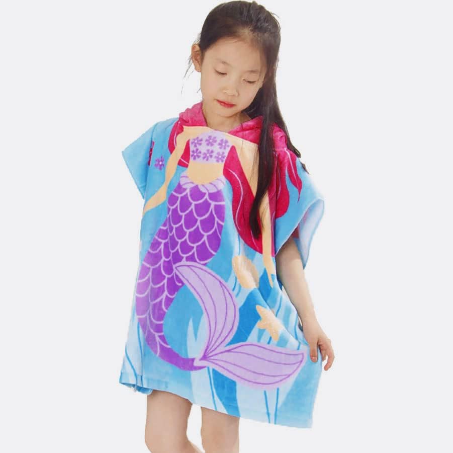 Miniatura 3 de Ponchos con capucha para niños, bata de baño 100% algodón súper suave para niños, bata cambiadora para playa, toalla de natación (L, sirena)