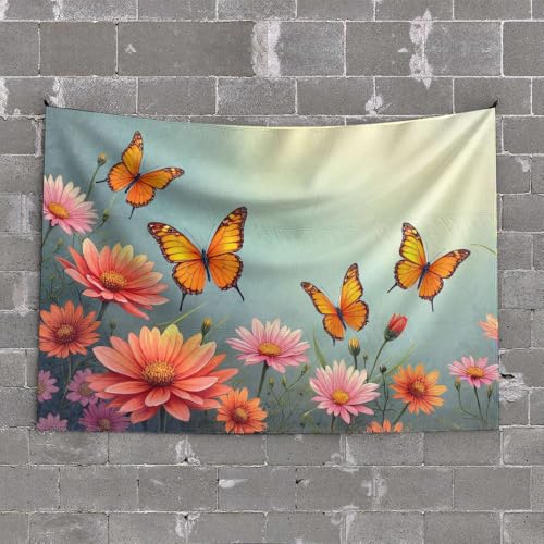 PKRD Man Cave Rules Schmetterlinge flattern unter lebendigen Blumen. Wandteppich-Dekor für Männerhöhle, Männerhöhle, Zubehör und Dekoration (75 x 100 cm)