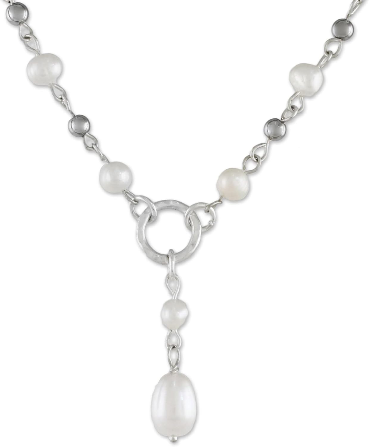 NOVICA Artisan Handmade Cultured Pearl Pendant Necklace Station from Thailand Fine Silver Sterling Freshwater White Y Hill Tribe Birthstone [17 in L 7 mm W Pendant(s) 1.8 in L x 0.5 in W Extender 0.8]