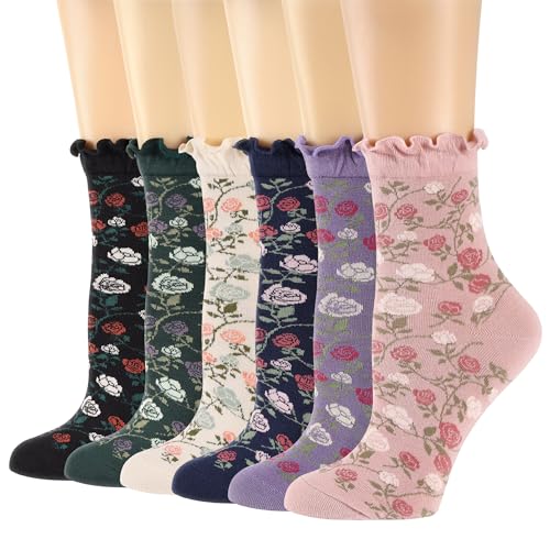 Image of Womens Ruffle Crew Socks Vintage Patterned Ankle Casual Fashion Dress Sock Cute Lettuce Floral Socks 5 /6 Pack