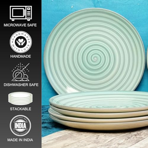 Image of Freakway Hand-Painted 'Sea Swirls' Stoneware Dinner Plates 10.2 Inch Set of 6 Pieces Serving Plate Thali Ceramic Plates for Dinner | Microwave & Dishwasher Safe | Green