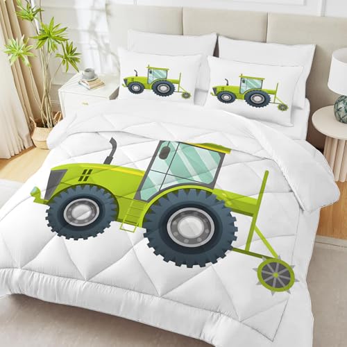 PNHCL Tractor Edredon Estampado 4 Estaciones, Maquinaria Agrícola Edredón Relleno Nórdico Cama 80/90, Dibujos Animados Edredones Reversible 135x200 cm para Infantil Decoracion Dormitorio, Verde