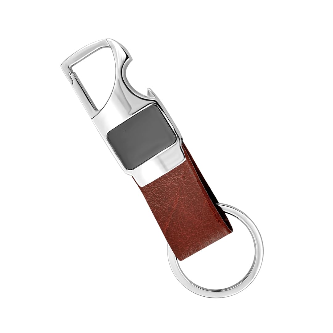 GiftanaMetal Hoop Keychain with Opener, Beer Bottle Opener Metal Keychain Vegan Leather Modern Key chain, Metal Keychain for Men and Women, Keychain Holder For Bikes Car Keychains Rings - Tan