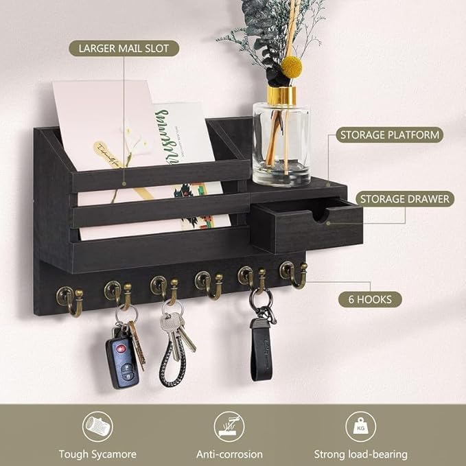 Image of Wooden Wall Mounted Key Holder with Hooks and Organizer Shelf Wall Rack for Letters Wallets and Accessories Home and Office Wall (Black, Drawer Organizer)