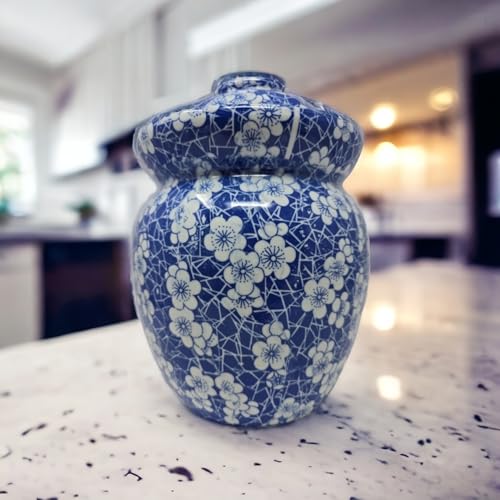 Porcelain Pickling Jar with 2 Lids Fermenting Pickling Kimchi Crock Food Storage Blue Cherry Blossom (12 IN)
