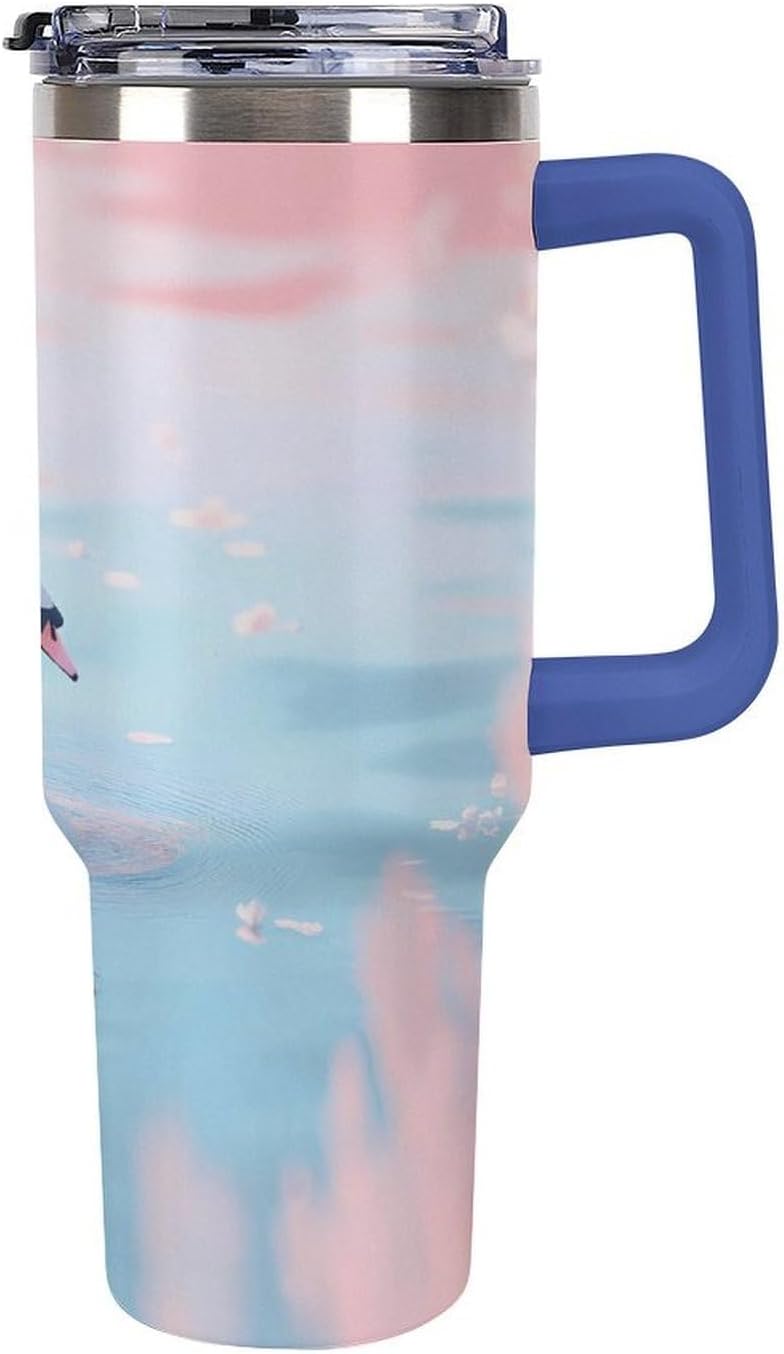 Spring Swan Lake Funny 40 Oz Tumbler with Handle and Straw Lid Stainless Steel Travel Mug for Hot Cold Beverages
