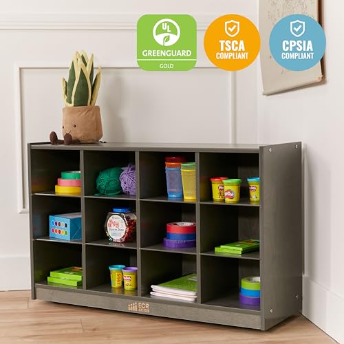 Image of ECR4Kids 12 Cubby Mobile Tray Storage Cabinet, 3x4, Classroom Furniture, Grey Wash
