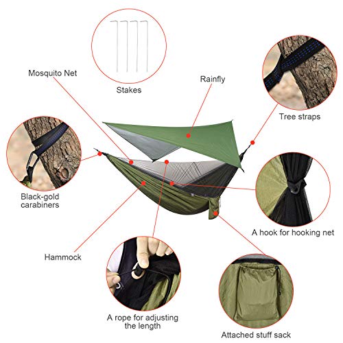 Firiner Camping Hammock With Rain Fly Tarp And Mosquito Net Tent Tree Straps, Portable Single Double Nylon Parachute Hammock Rainfly Set For Backpacking Hiking Travel Yard Outdoor Activities Green #TOP4
