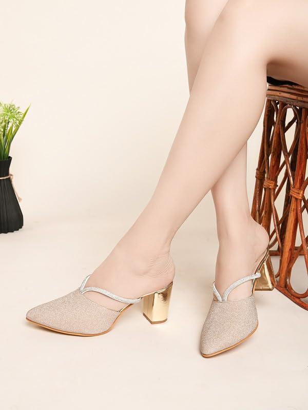 XE Looks Gold Women's Fashion Sandals | Faux Leather Comfortable and Stylish Block Heel | for Wedding Occasion 3 Inches Heel | for Women & Girls 2