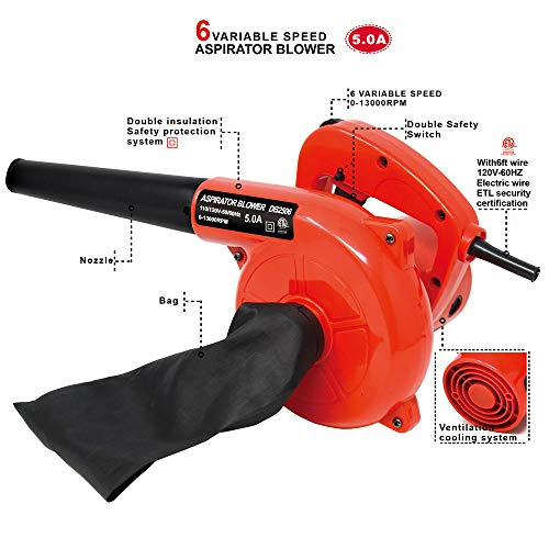 Toolman Corded Electric Compact Leaf Blower Sweeper Vacuum Cleaner 5.0A 6 Speed 13000RPM DB2506 - Thumbnail 2