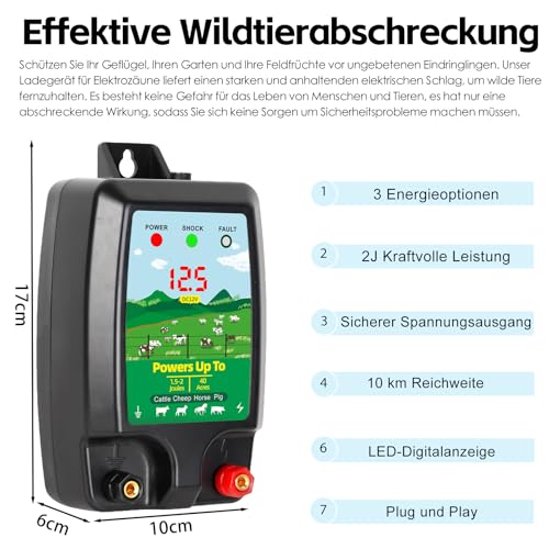 Warmfay Weidezaungerät 12V mit LED Anzeige, Elektrischer Schäferhund 2J Output für 10 km Reichweite, Wasserdicht Elektrozaungerät für Schutz von Nutztieren, Haustieren, Geflügel, Hausweide, Gärten
