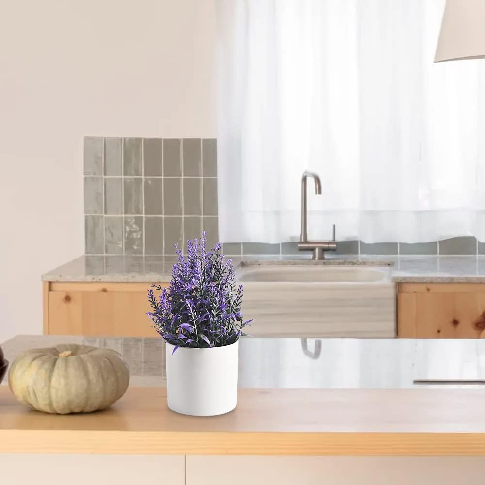 homEdge Artificial Mini Potted Lavender, Artificial Plastic Plant Greenery with Pot for Home, Office Desk Decoration