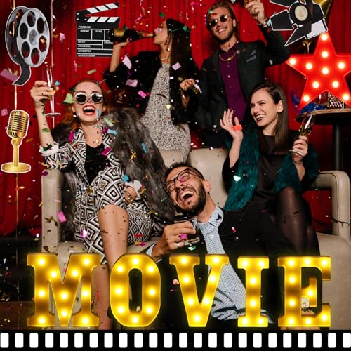 Image of 16 Pcs Movie Theater Decor Movie Night Party Decorations 8.6 inch Light up Letters Sign Film Clapper Board Marquee Star Sign Party Cards Props for Nigh Theater Table Centerpieces Supplies