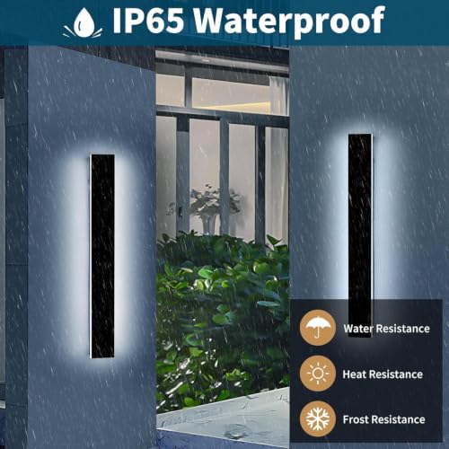 Image of 2 Pack 23.6inch Long Outdoor Led Wall Light, IP65 Waterproof Black Outside Porch Light, 6000K Cold White, 24W, Modern Exterior Wall Sconces Lighting for Garage, Patio, House, Garden