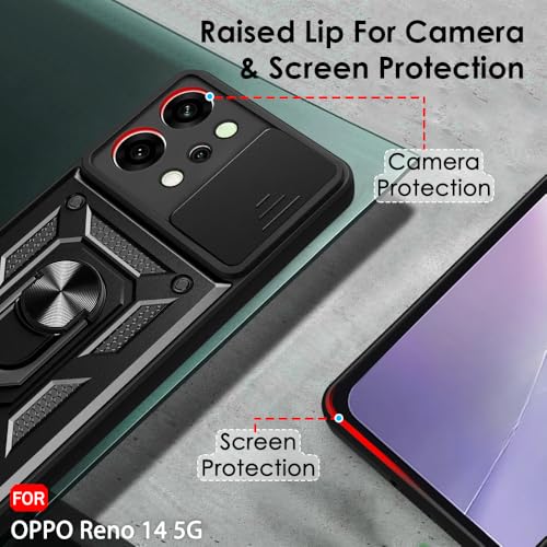Image of TheGiftKart Tough Armor Bumper Back Cover Case for Oppo Reno 14 5G | Sliding Camera Cover, Kickstand & Ring Holder | 360 Degree Protection Back Cover Case for Oppo Reno14 5G (PC & TPU, Black)