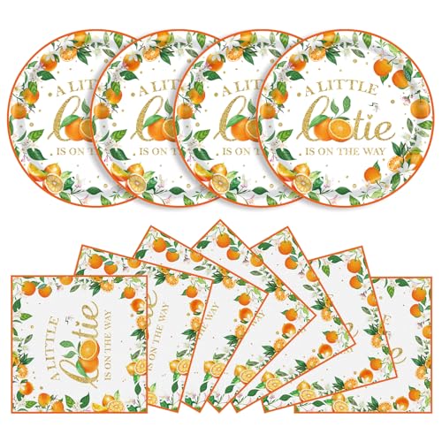 KFJBPB 40 Pcs Little Cutie Baby Shower Plates and Napkins Party Supplies, 9 inch Disposable Paper Plates and Napkins A Little Cutie is on The Way Orange Cutie Birthday Party Decorations Tableware Set
