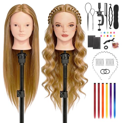 Yofuly 26Zoll/66cm Frisierkopf 80% Echthaar Übungskopf Make-up Frisieren Trainingsköpfe Mannequinkopf Puppenkopf Friseur mit Tischklemme + DIY-Zopfset (Hellbraun)