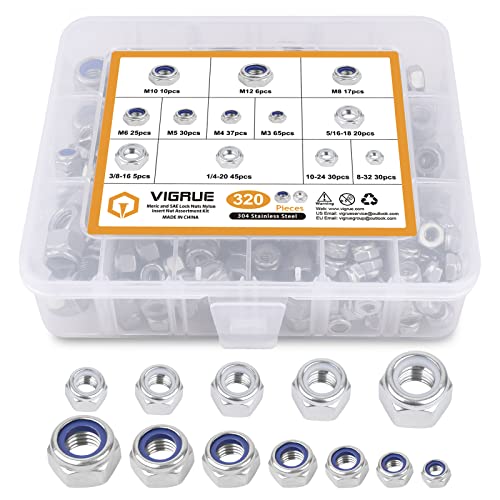 Vigrue 320Pcs Sae And Metric Hex Lock Nuts Nylon Insert Nut Assortment Kit, 304 Stainless Steel Locknuts (M3 M4 M5 M6 M8 M10 M12 And 1/4-20 5/16-18 3/8-16 8-32 10-24) #TOP6