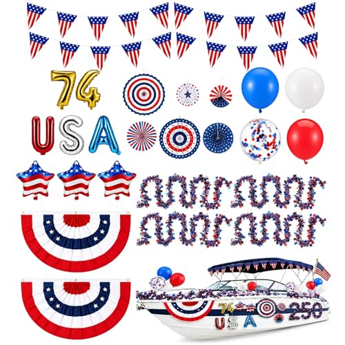 Jowwcen 69 Pcs 4th of July Boat Decoration Set Patriotic Parade Boat Decor for Ship 250 Anniversary Red White Blue Star Tinsel Garland Balloon USA Flag Pleated Fan Flag for Independence Day Golf Cart